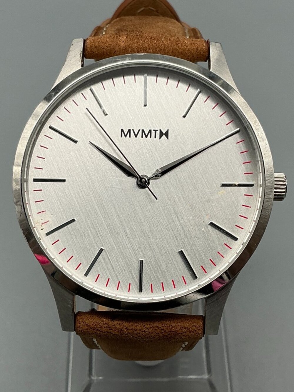 MVMT 40 Series Mens Watch 40mm Silver Tone Brown Leather Band New Battery